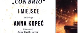 Dyplom na białym tle z szczegółową informacją tekstową z informacją dotyczącą I miejsce Anna Kopeć, naucz. Anna Bartkiewicz, I Ogólnopolski Konkurs Pianistyczny w Wodzisławiu Śląskim 19.20.05.2025