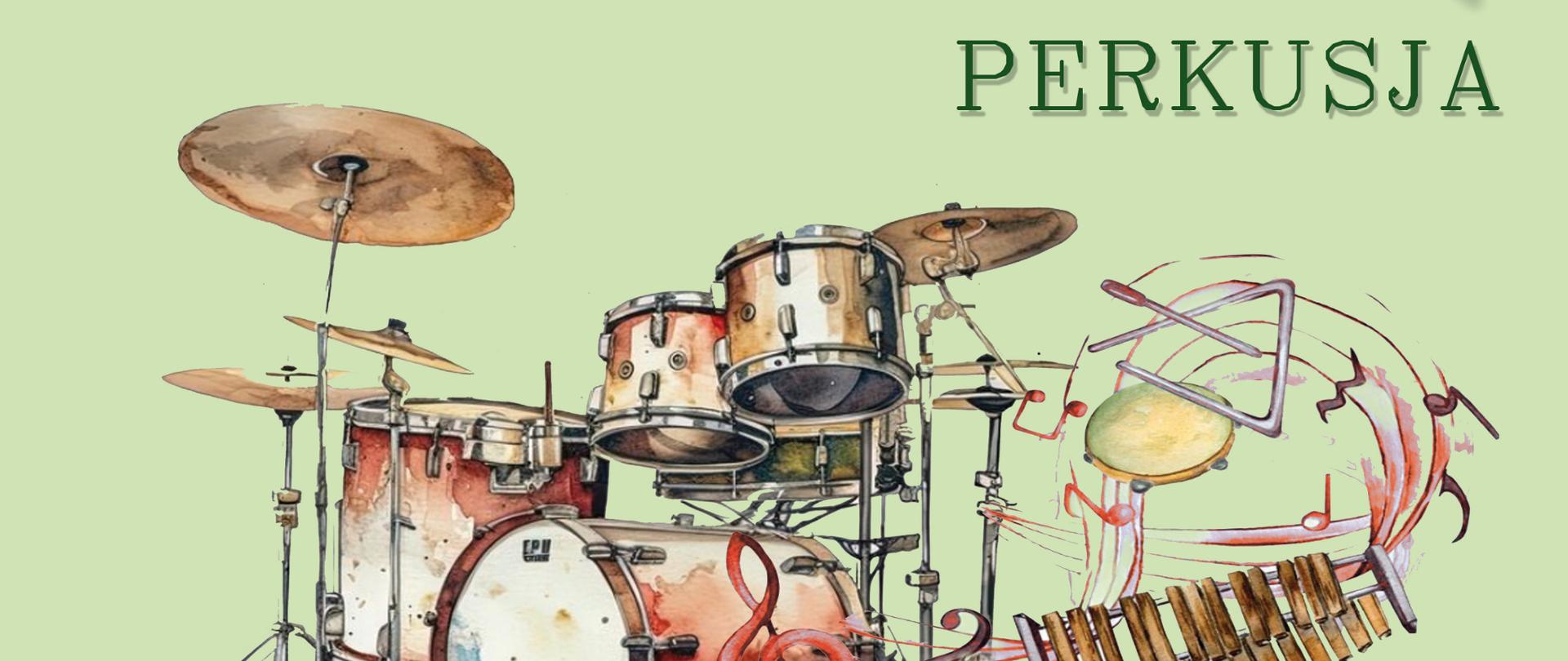 Na zielonym tle na samym środku plakatu znajdują się kolorowe instrumenty perkusyjne oraz klucz
wiolinowy z zakręconą pięciolinią i nutkami. W lewym górnym rogu logo Państwowej Szkoły Muzycznej
I st. w Głuchołazach z wizerunkiem Jerzego Hellera. Po prawej stronie zielony napis: "Państwowa Szkoła
Muzyczna I st. im. Jerzego Hellera w Głuchołazach zaprasza na: Lekcję Otwartą Perkusja". W prawym
dolnym roku czarny napis: Prowadząca mgr Iwona Wilczyńska, Klasa II cyklu sześcioletniego,
14.03.2024, godz. 15.55, Sala nr 31.