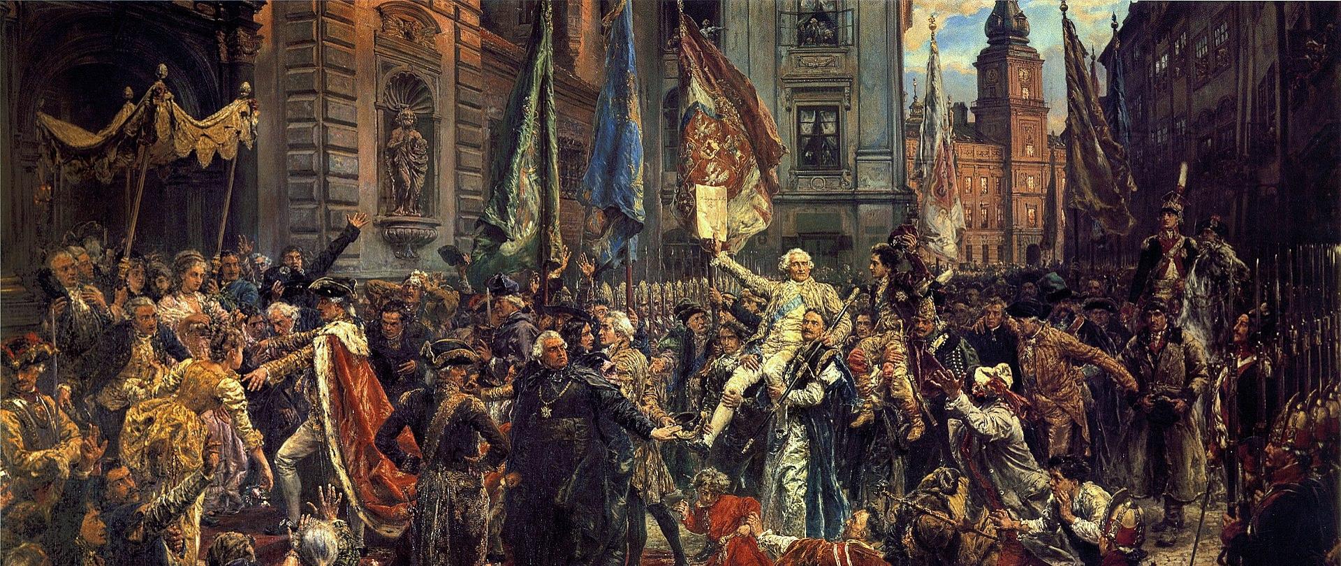 Zdjęcie przedstawia obraz Jana Matejki z 1891 roku. Tłum idący ul. Świętojańską w Warszawie po uchwaleniu konstytucji. 