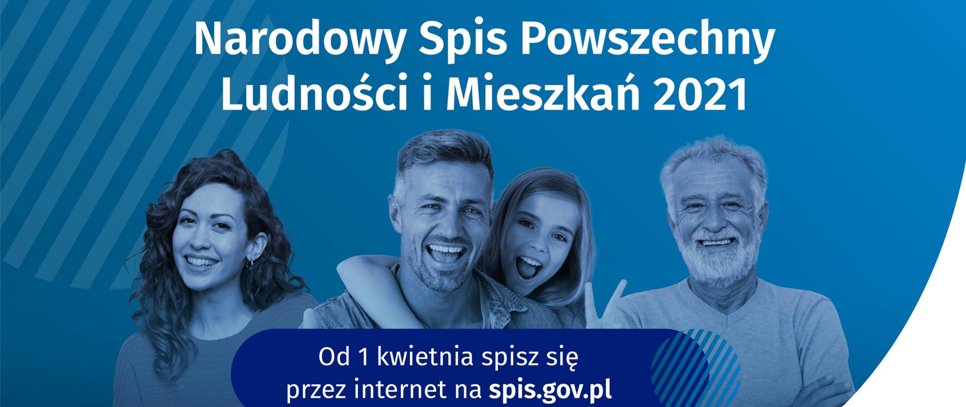 Banner informacyjny o Narodowym Spisie Powszechnym, osoby na niebieskim tle, napis "wejdź na spis.gov.pl i spisz się! Spis trwa od 1 kwietnia",
