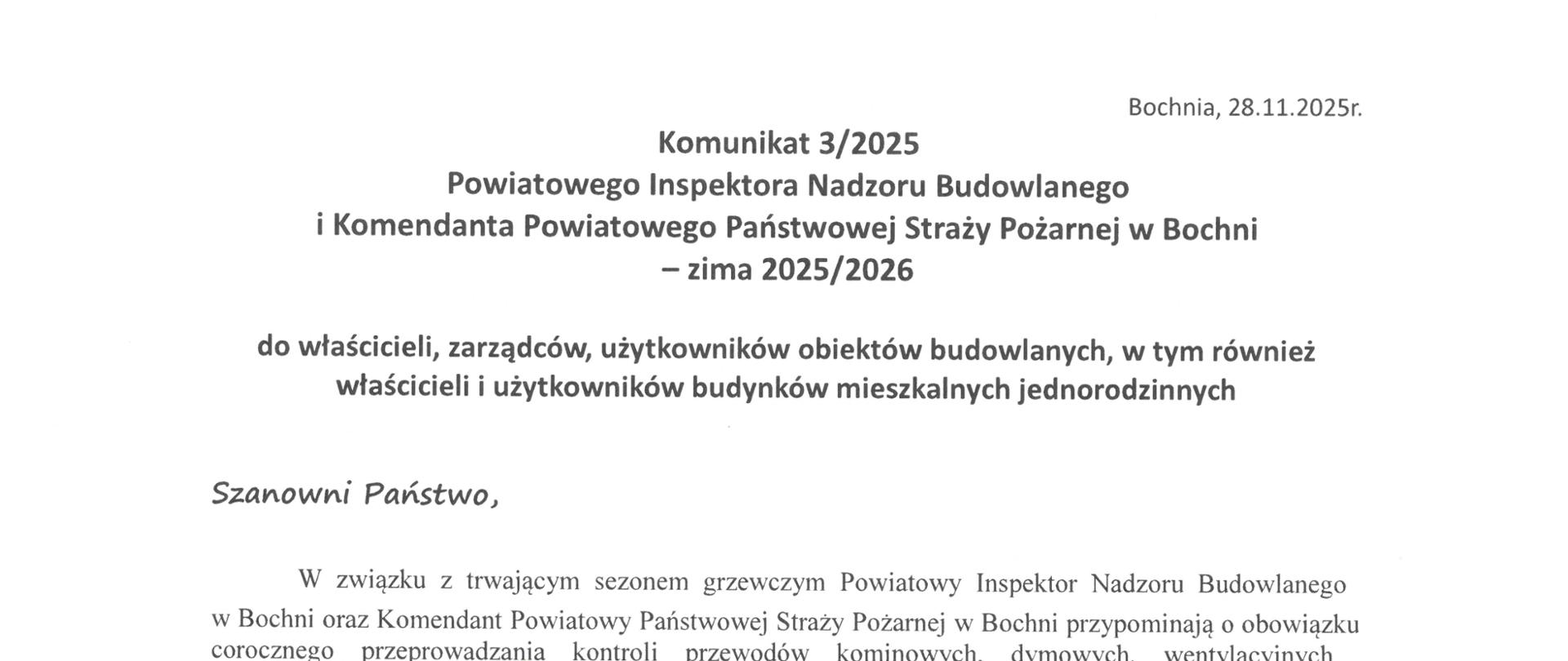 Komunikat przypominający o obowiązku czyszczenia przewodów kominowych podpisany przez Powiatowego Inspektora Nadzoru Budowlanego i Komendanta Powiatowego PSP w Bochni.
