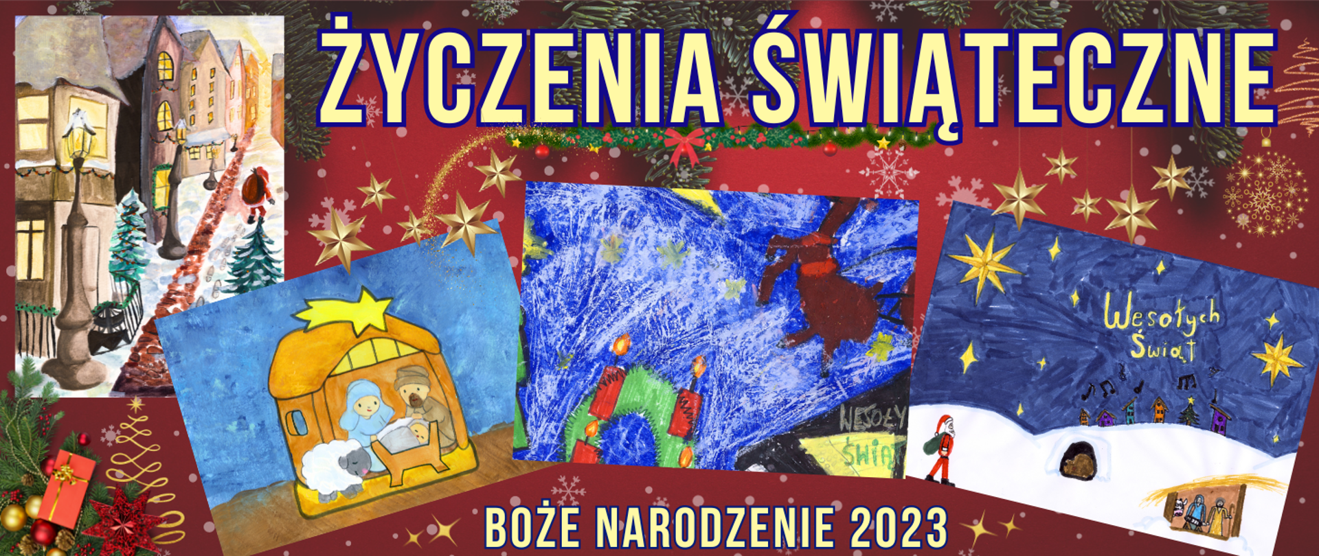 kolorowe świąteczne tło z czterema malowanymi kartkami świątecznymi