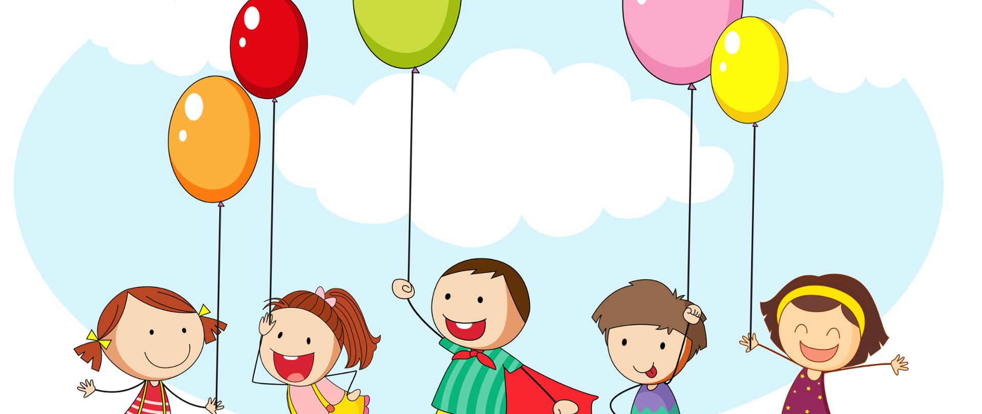 Ilustracja przedstawiająca dzieci z wielobarwnymi balonami