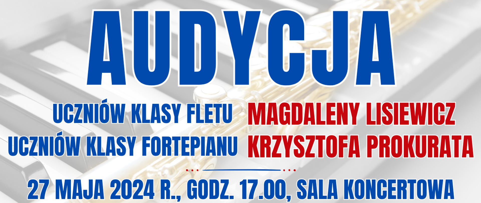 kolorowe tło z klawiaturą fortepianu i leżącym na niej flecie poprzecznym oraz informacja o wydarzeniu