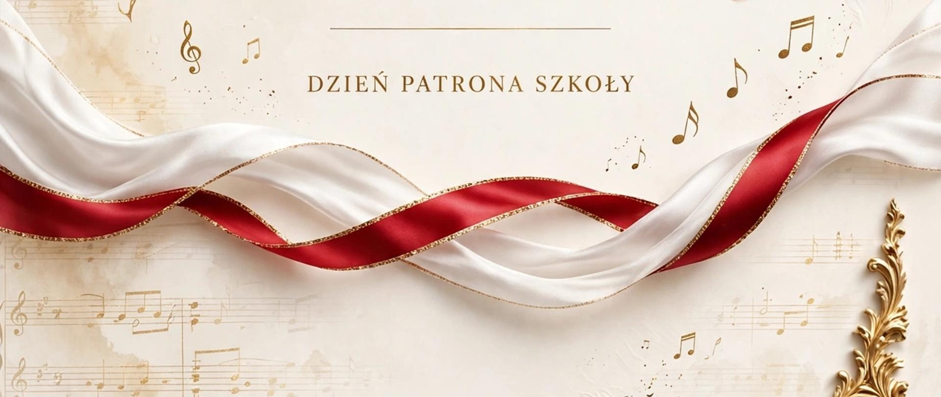 Tło plakatu w formie tłoczonego papieru ozdobnego w kolorze jasnobeżowym , w rogach ozdobne złocenia z kluczem muzycznym, na środku brązowy napis Koncert Muzyki Polskiej. Na dole szarfa białoczerwona .