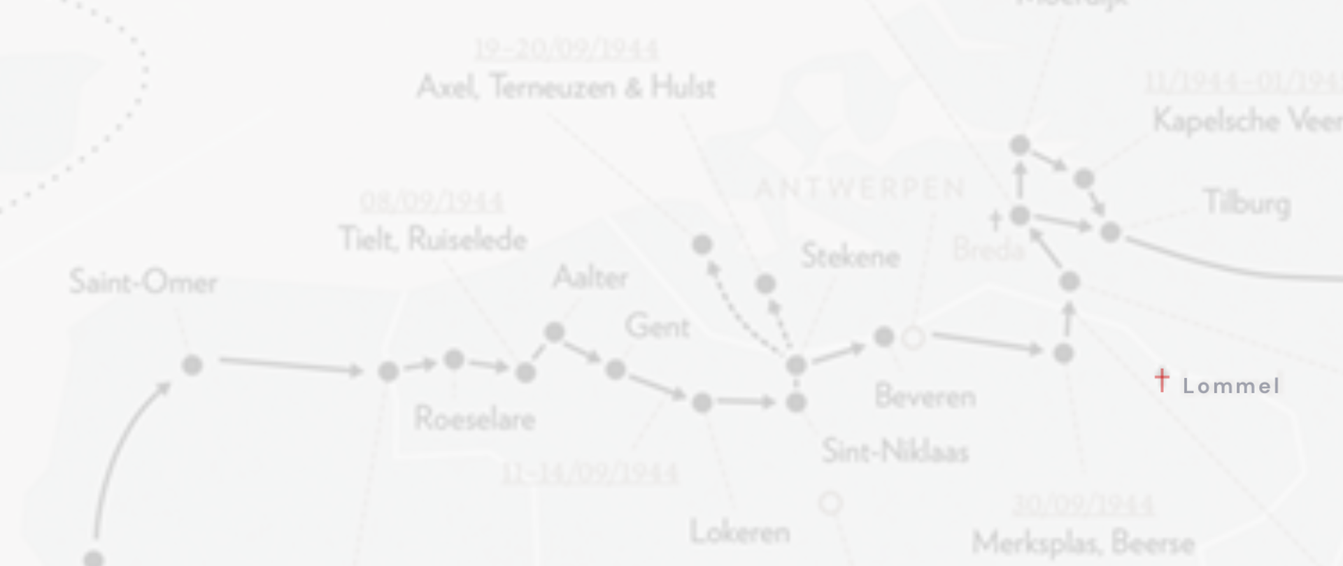 Grafika przedstawia wyzwolone przez I Dywizję Generała Maczka miejscowości w północnej Belgii