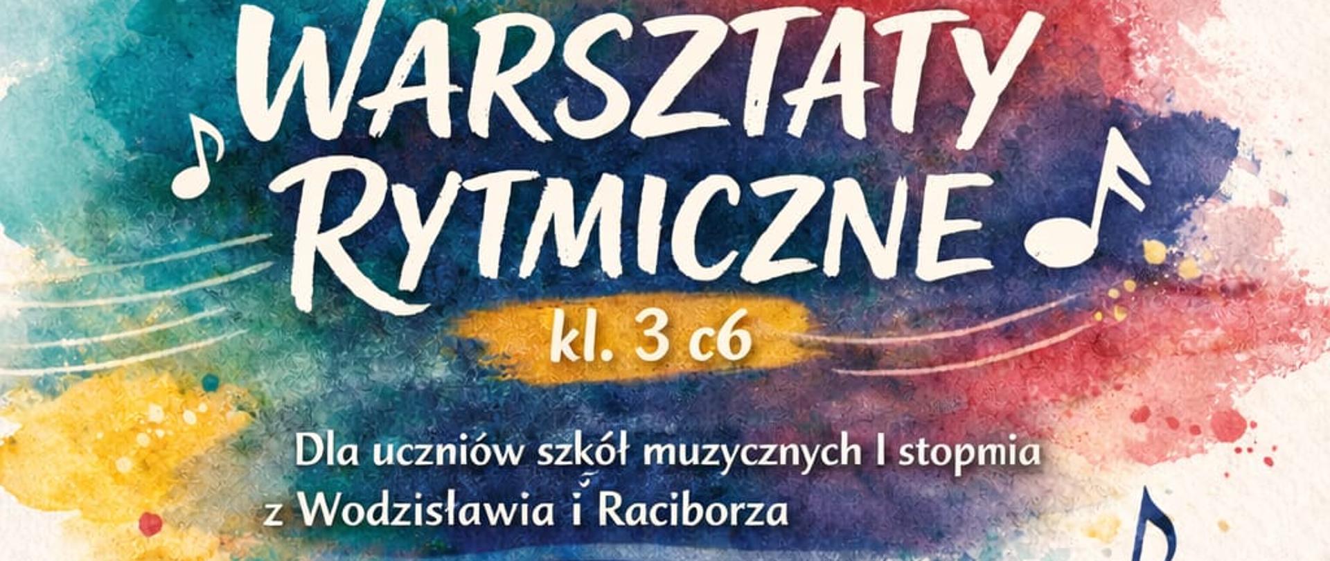Kolorowy plakat z abstrakcyjnymi wzorami, z napisem warsztaty rytmiczne