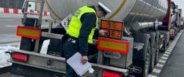 Inspektor lubuskiej Inspekcji Transportu Drogowego kontroluje prawidłowość oznakowania naczepy-cysterny przewożącej towar niebezpieczny (ADR).