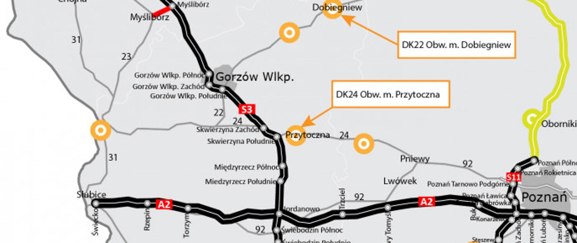 Mapa trzech nowych obwodnic w województwie lubuskim