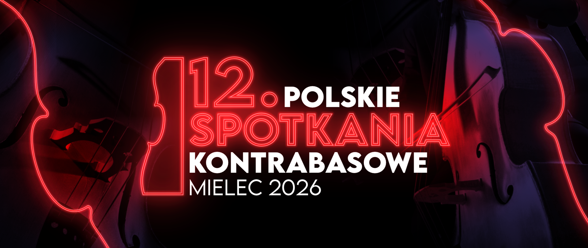 logo 12. Polskich Spotkań Kontrabasowych na czerwono-czarno-granatowym tle z rozmytymi ujęciami na kontrabas