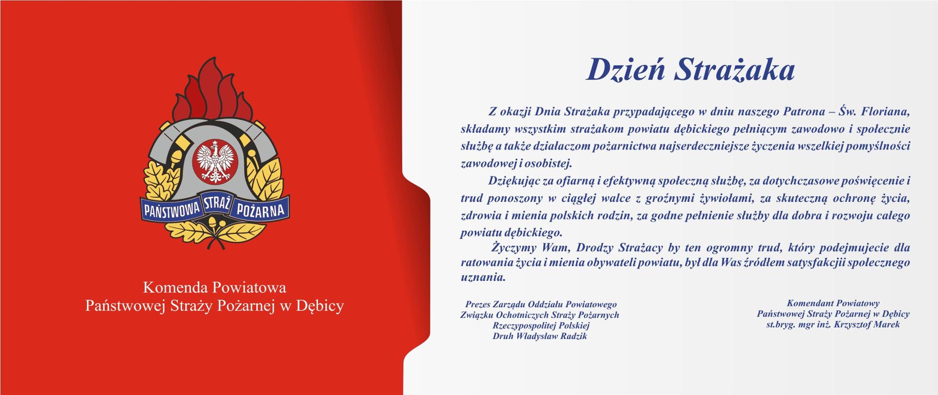 życzenia z okazji Dnia Strażaka, na czerwonym polu logo PSP i napis , tekst życzeń granatowe litery na białym polu 