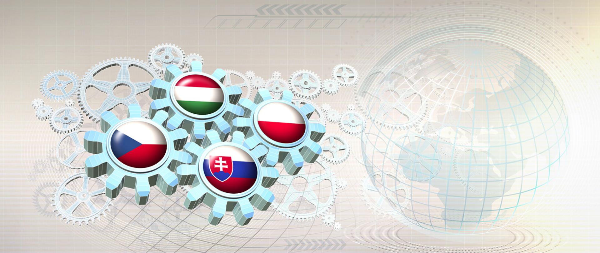 Flagi krajów Grupy Wyszehradzkiej wpisane w połączone koła zębate.