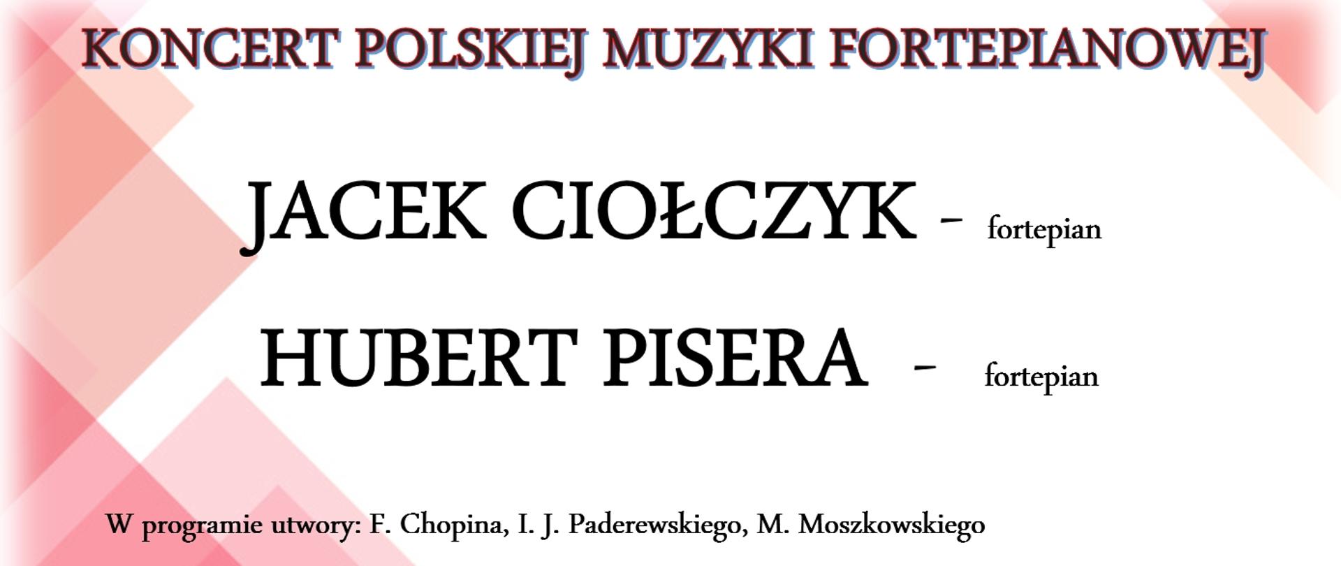 Plakat koncertu fortepianowego. Tekst w kolorze czerwonym i czarnym. Całość na białym tle z ozdobami w postaci prostokątów w odcieniach koloru pomarańczowego.