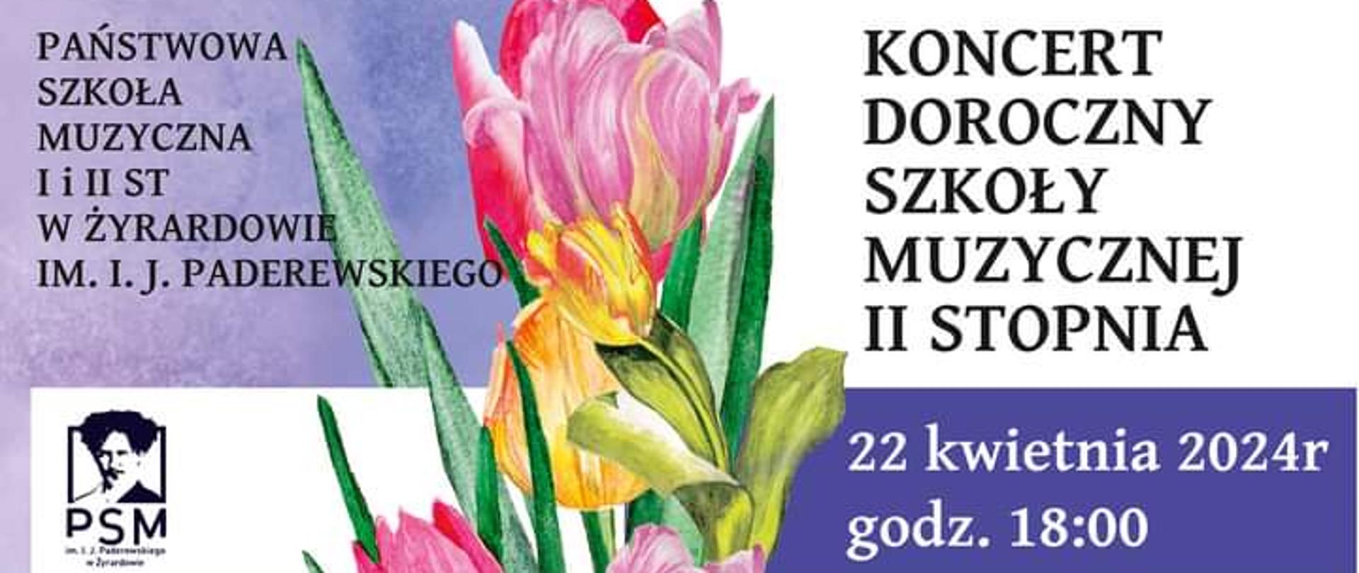 Plakat na tle niebiesko białym. Na górze po prawej czarny napis "Koncert Doroczny Szkoły II stopnia" Poniżej na niebieskim tle biały napis 22 kwietnia 2024 r. godzina 18:00 Miejsce Resursa. Po środku widzimy grafikę kwiatów oraz zdjęcie tulipanów Poniżej zdjęcie przedstawiające zabytkowy metronom.