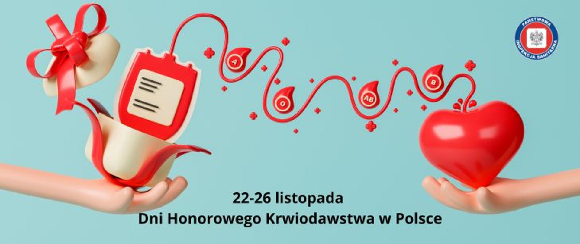 Na niebieskim tle ukazano symboliczne oddanie krwi. Po prawej stronie czerwone serce na dłoni od którego odchodzi rurka symbolizująca oddawanie krwi. Po lewej stronie opakowanie z krwią zapakowane w jasne w pudełko prezentowe. Wokół czerwone kropelki krwi z białymi napisami grup krwi. Na dole napis 22-26 listopada. dni Honorowego Krwiodawstwa w Polsce.