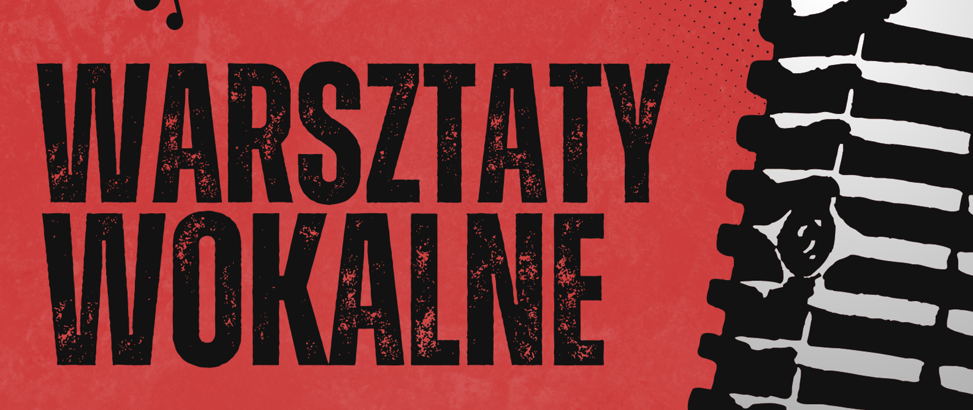 Plakat utrzymany jest w czerwono-czarnej kolorystyce, z wyraźnym, nieco surowym, rockowym stylem graficznym. Tło jest czerwone, lekko teksturowane, a po prawej stronie widnieje duży, czarno-biały rysunek starego mikrofonu scenicznego w stylu retro. W kilku miejscach pojawiają się małe ikonki nut. Na górze znajduje się nazwa organizatora:
„Państwowa Szkoła Muzyczna I i II st. im. Fryderyka Chopina w Nowym Targu – Sekcja Instrumentów Dętych”. W centralnej części, dużymi czarnymi literami, umieszczono napis:
„WARSZTATY WOKALNE”. Niżej widnieje informacja: „Warsztaty poprowadzi
Prof. dr hab. Jacek Ozimkowski” – tekst zapisano białymi literami na czarnym prostokątnym tle. W dolnej części plakatu znajdują się trzy czarne, zaokrąglone etykiety z białym tekstem: „01 grudnia 2025 r.” „Od godz. 14.00” „Sala kameralna” Na samym dole napisano: „Zapraszamy serdecznie!!!”. Całość sprawia wrażenie profesjonalnego, dynamicznego plakatu zachęcającego do udziału w warsztatach wokalnych.
