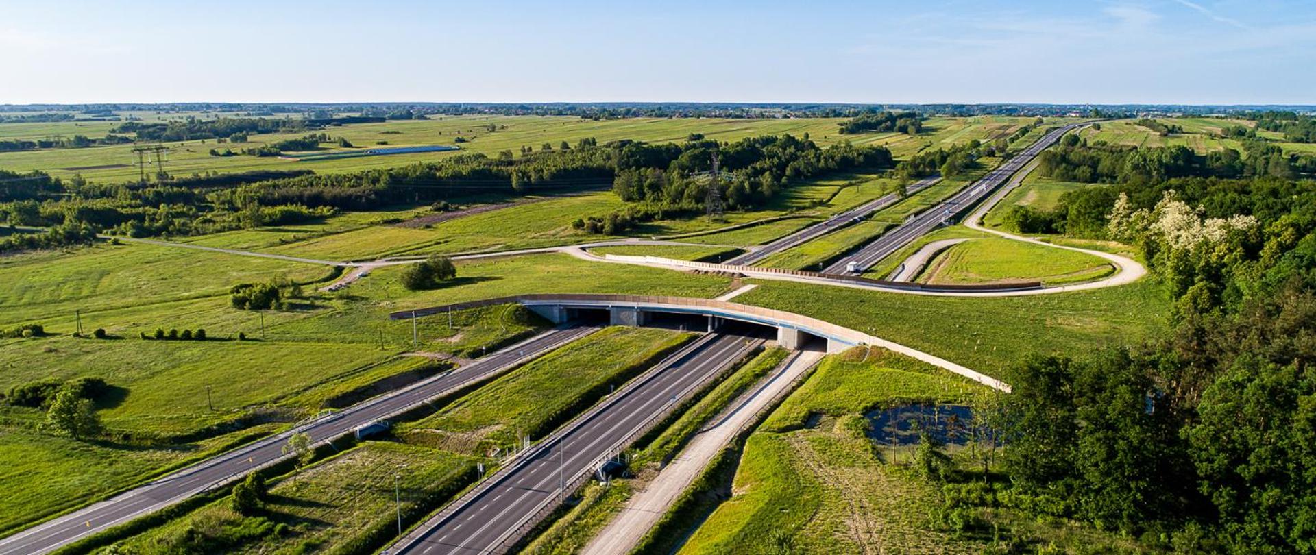 Widok z lotu ptaka na drogę ekspresową S19. Lato, świeci słońce. Dwie jezdnie rozdzielone pasem zieleni. Na drodze jadą auta. Nad drogą zlokalizowane duże przejście dla zwierząt. Dookoła drogi drzewa, łąki zielone.