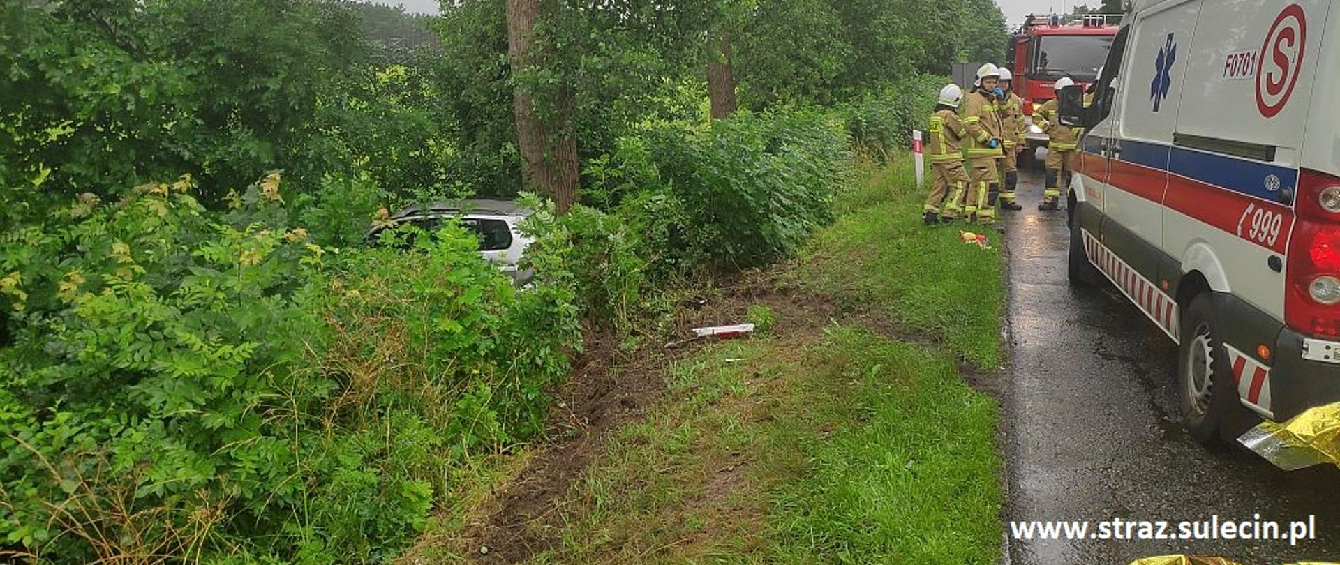 Na zdjęciu znajduje się samochód w rowie oraz służby ratunkowe