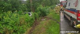 Na zdjęciu znajduje się samochód w rowie oraz służby ratunkowe