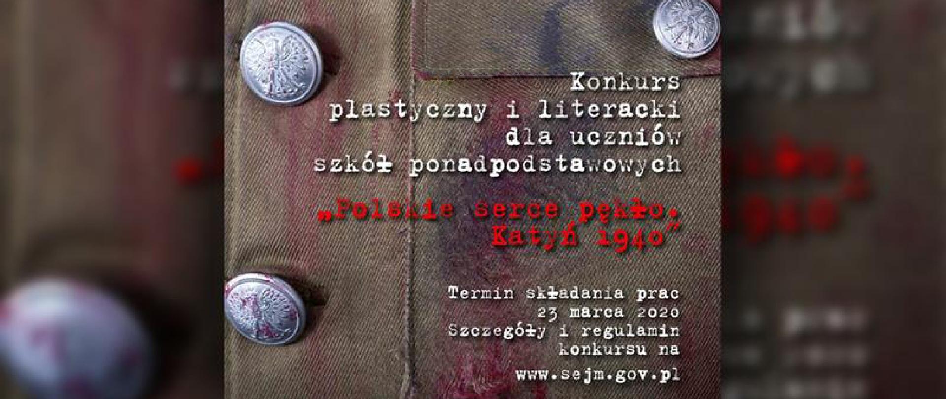 Grafika zachęcająca do udziału w konkursie: „Polskie Serce Pękło. Katyń 1940”.