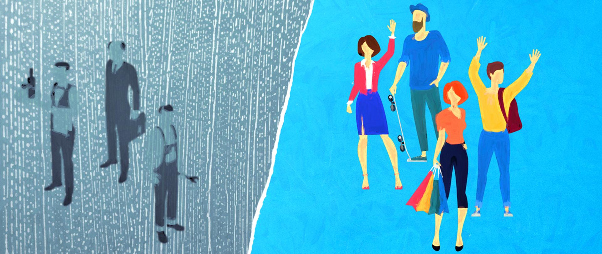 Dwie grupy ludzi w tym jedna rozmyta a druga bardziej wyraźna i radosna