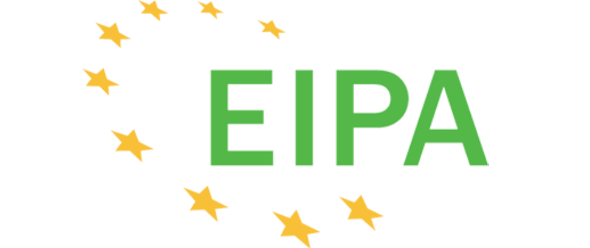Logotyp EIPA. Pośrodku, zielonymi literami, skrót EIPA, od lewej strony wpisuje się on w okrąg z żółtych gwiazdek. EIPA to skrót od nazwy Europejski Instytut Administracji Publicznej - ang. European Institute of Public Administration.