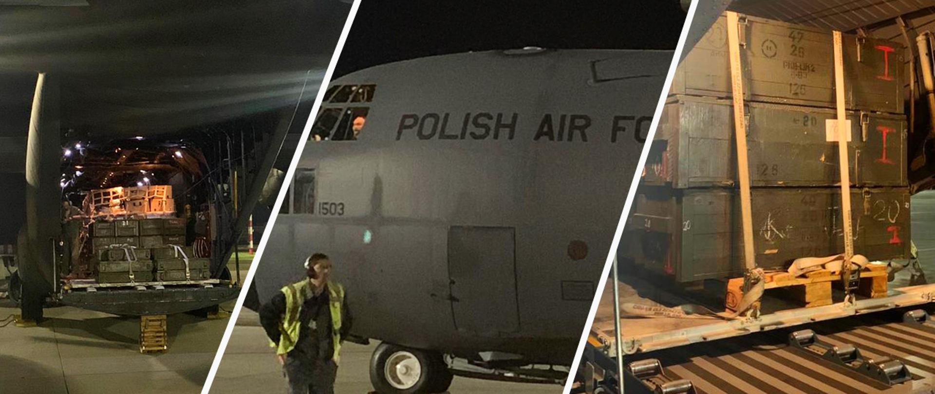 Kolaż zdjęć przedstawiający polski samolot transportowy i skrzynie z bronią, amunicją i wyposażeniem dla mołdawskiej policji