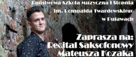 Plakat przedstawiający ucznia trzymającego saksofon ze szczegółami koncertu