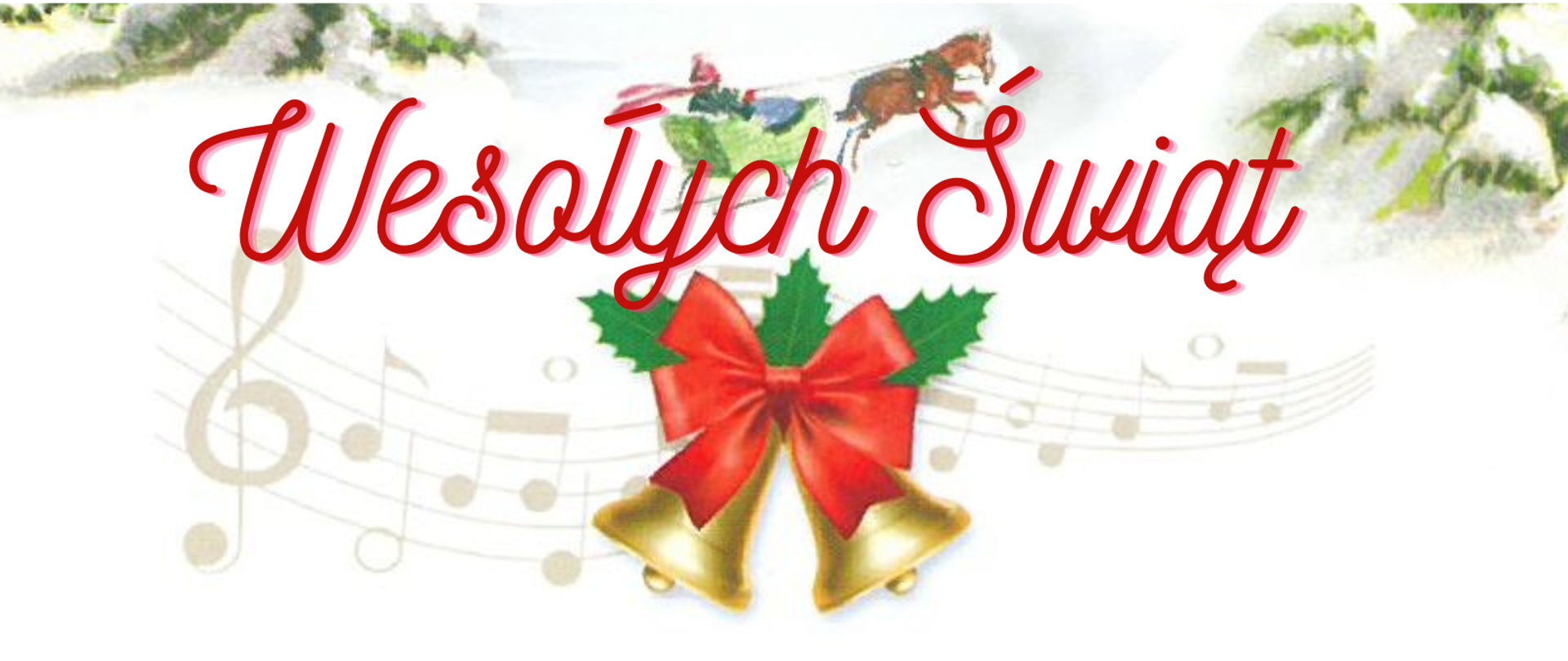Zdjęcie przedstawia na białym tle napis Wesołych Świąt w kolorze czerwonym na białym tle, poniżej dwa złote dzwoneczki złączone u góry czerwoną kokardką i pięciolinia z fragmentem zapisu nutowego w kolorze złotym.