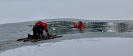 Na zdjęciu widoczni dwaj strażacy na skutym lodzie akwenie wodnym. Obaj w suchych skafandrach koloru czerwonego w czerwonych kaskach ochronnych. Jeden ratownik z użyciem drabin nasadkowych ewakuuje z wody drugiego strażaka.