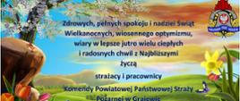 Kolorowy obrazek z kwiatami, łąką i logo PSP oraz tekst życzeń.