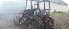 Zdjęcie przedstawia spalony całkowicie ciągnik rolniczy 