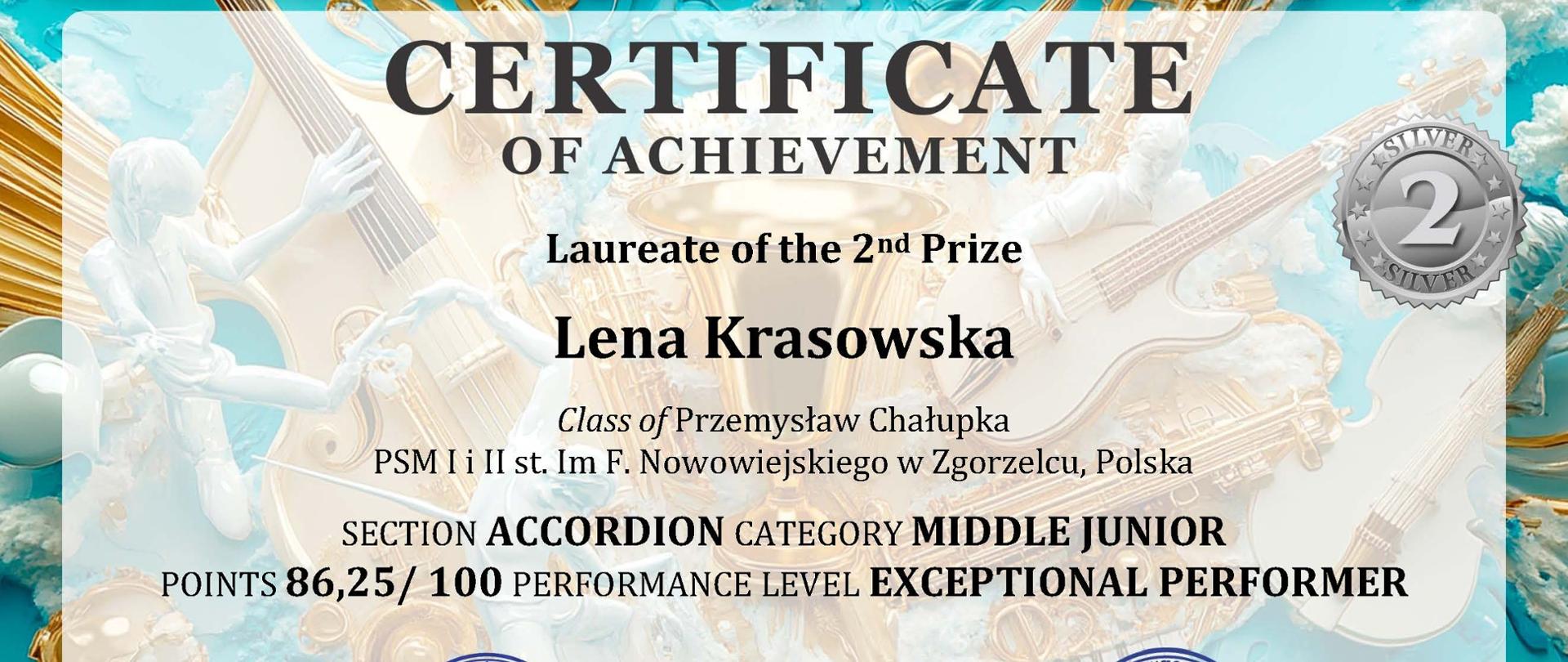 Dyplom konkursowy, czarne litery na niebieskim tle, w tle również złote instrumenty,