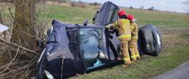 Samochód osobowy koloru ciemnego leży w przydrożnym rowie na lewym boku. Samochód ma rozbity przód po uderzeniu w drzewo. Obok stoją strażacy