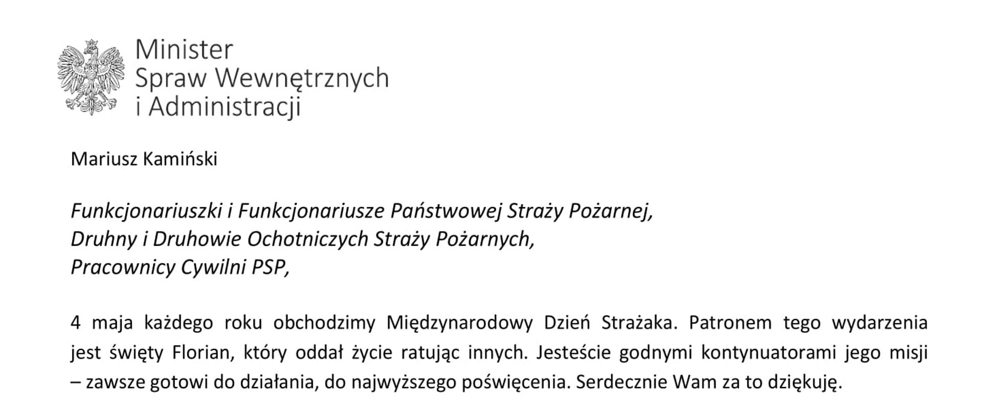 Życzenia Ministra Spraw Wewnętrznych i Administracji z okazji Dnia Strażaka