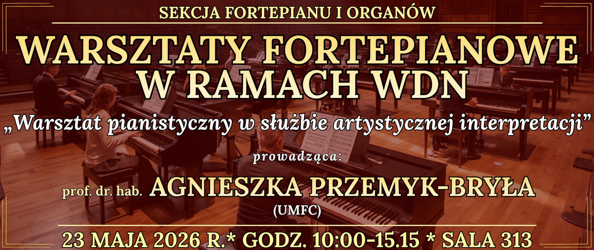 baner w tle ludzie siedzący przy fortepianach oraz informacja o wydarzeniu