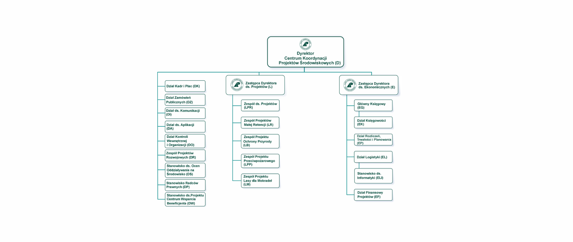 Grafika pokazuje graf: 3 piony. W pionie dyrektora CKPŚ znajdują się następujące komórki: Dział Kadr i Płac, Dział Zamówień Publicznych, Dział ds. Komunikacji, Dział ds. Aplikacji, Dział Kontroli Wewnętrznej i Organizacji, Zespół Projektów Rozwojowych, Stanowisko ds. Oddziaływania Ocen na środowisko, Stanowisko Radców Prawnych, Stanowisko ds. Projektu Centrum Wsparcia Beneficjenta. W pionie zastępcy dyrektora ds. Projektów znajdują się: Zespół ds. Projektów, Zespół Projektów Małej retencji, Zespół projektu ochrony przyrody, Zespół projektu przeciwpożarowego, Zespół projektu Lasy dla mokradeł. W pionie zastępcy dyrektora ds. ekonomicznych znajdują się: Główny księgowy i Dział księgowości, Dział rozliczeń, trwałości i planowania, Dział logistyki, Stanowisko ds. Informatyki, Dział finansowy projektów. 