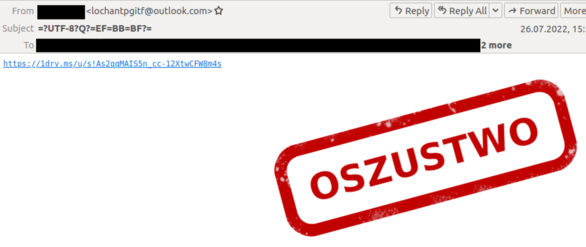 Wiadomość e-mail z fałszywym linkiem, po prawej stronie czerwony napis oszustwo