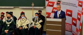 Dyrektor Sławomir Adamiec stoi przy drewnianej mównicy. W tle baner Politechniki Świętokrzyskiej. Po lewej stronie senat uczelni - profesorowie ubranie w zielone togi, gronostaje i łańcuchy. 