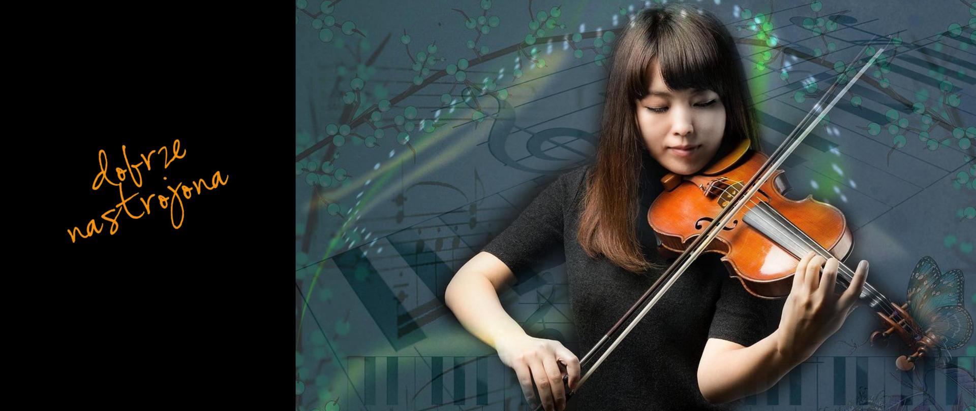 Plakat - na czarnym tle po prawej stronie logotypy szkoły oraz dane teleadresowe,; na szarym tle po prawej stronie nazwa warsztatów, dane dot. wykładowcy oraz zdjęcie uczennicy - skrzypaczki w tle zdjęcia nuty oraz klawiatura.