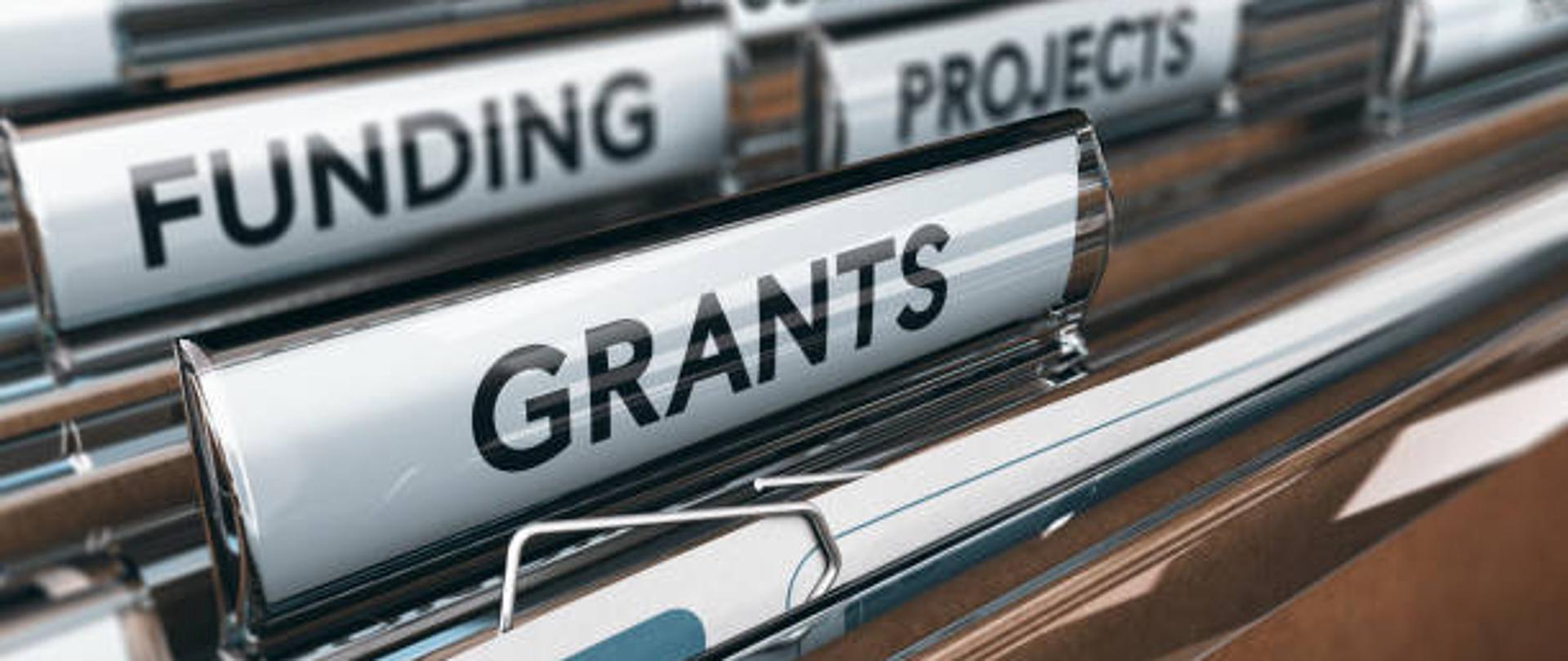 View of brown folders, with focus on grants label, Concept of funding, 3D illustration