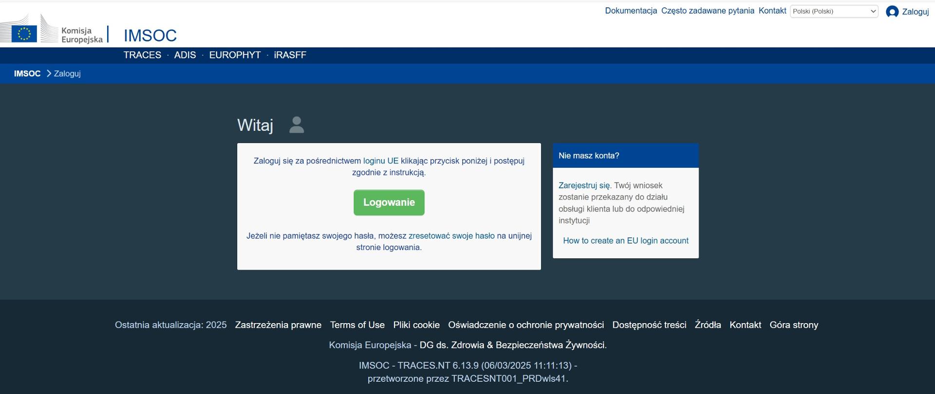 zdjęcie przedstawia zrzut ekranu strony logowania do systemu IMSOC TRACES NT
