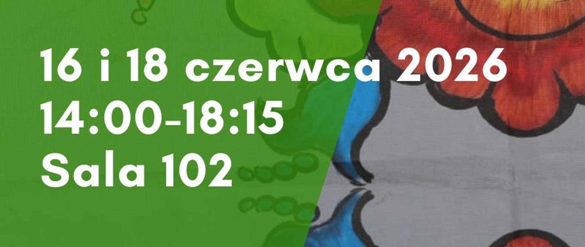 Plakat o dynamicznej kompozycji z charakterystycznymi, ukośnymi, półprzezroczystymi zielonymi płaszczyznami po bokach. W centrum znajduje się fotografia uśmiechniętej pary w bogato zdobionych, tradycyjnych strojach ludowych, pozującej na tle szarego baneru z dużym, barwnym motywem kwiatowym. Mężczyzna ma na sobie m.in. czarny kapelusz, zielony, haftowany kaftan z kolorowymi frędzlami, jasne spodnie z parzenicami i wysokie czarne buty. Kobieta ubrana jest w czerwony gorset, sznury czerwonych korali oraz białą, koronkową zapaskę nałożoną na wzorzystą spódnicę. Kontrastujące, białe napisy rozmieszczono w rogach plakatu: po lewej stronie u góry podano datę, godziny i salę, u góry po prawej widnieje logo szkoły z profilem Chopina, a w prawym dolnym rogu umieszczono duży tytuł.