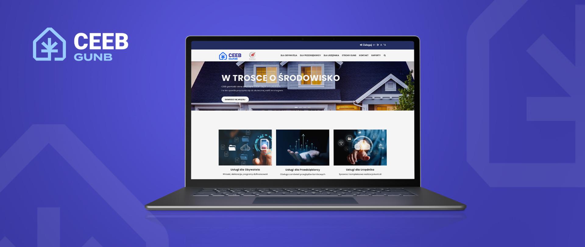 Strona internetowa CEEB GUNB wyświetlona na ekranie laptopa na granatowym tle. Na stronie widoczny jest nagłówek „W trosce o środowisko”.