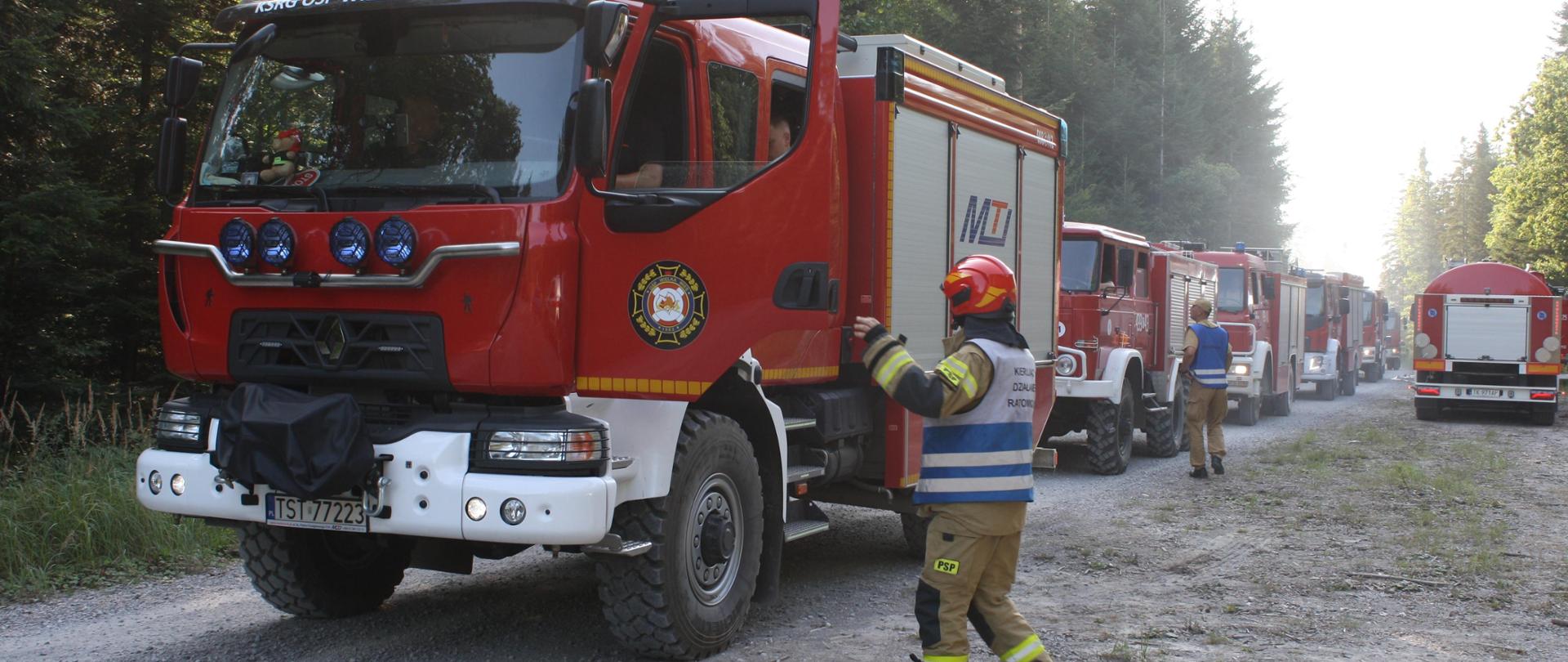 Na pierwszym planie widoczna kolumna bojowych samochodów pożarniczych. Przy pierwszym wozie stoi kierujący działaniami ratowniczymi ubrany w żółte ubranie bojowe, czerwony hełm oraz biało niebieską kamizelkę z napisem na plecach "kierujący działaniami ratowniczymi".