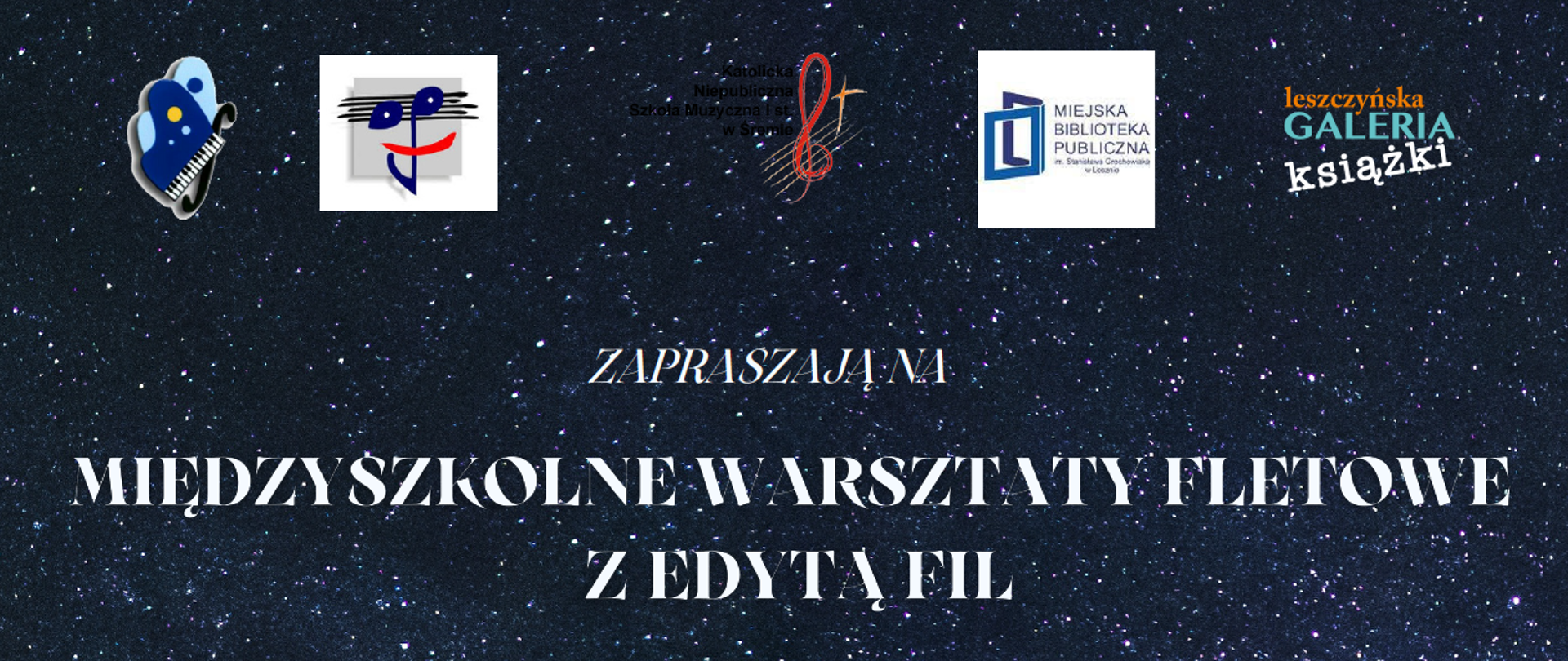 Plakat na granatowym tle z motywem gwiazd. W centrum zdjęcie kobiety grającej na flecie poprzecznym. Wokół białe i żółte napisy. U góry logo organizatorów.