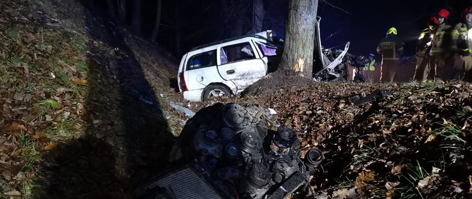 W centralnej części widoczny pojazd osobowy koloru białego, który stoi rozbity o przydrożne drzewo. Z prawej strony widoczne sylwetki strażaków.