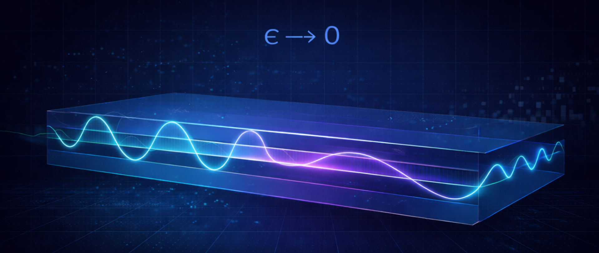 Ilustracja naukowa na ciemnym, granatowym tle z siatką współrzędnych. Przez półprzezroczysty, warstwowy blok przechodzi fala elektromagnetyczna w kolorach turkusowym i fioletowym. W środkowej warstwie długość fali ulega wydłużeniu. Nad strukturą widoczny zapis „ε → 0”.