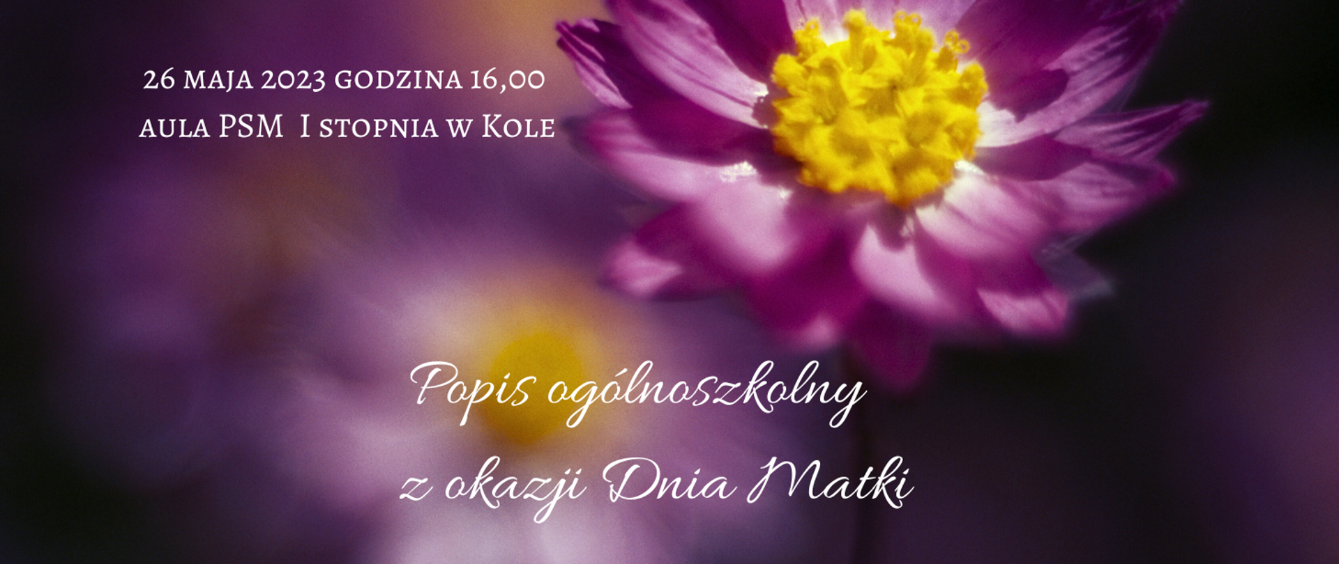 na tle fioletowych kwiatów zaproszenie na popis ogólnoszkolny z okazji Dnia Matki 26 maja 2023 godzina 16,00 aula szkoły