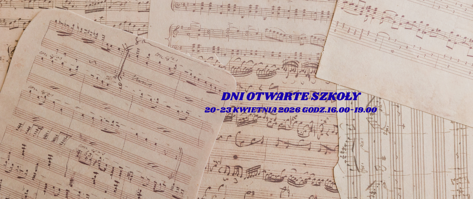 Plakat z nutami oraz napis - dni otwarte szkoły 20-23 kwietnia 2026 godz. 16.00-19.00